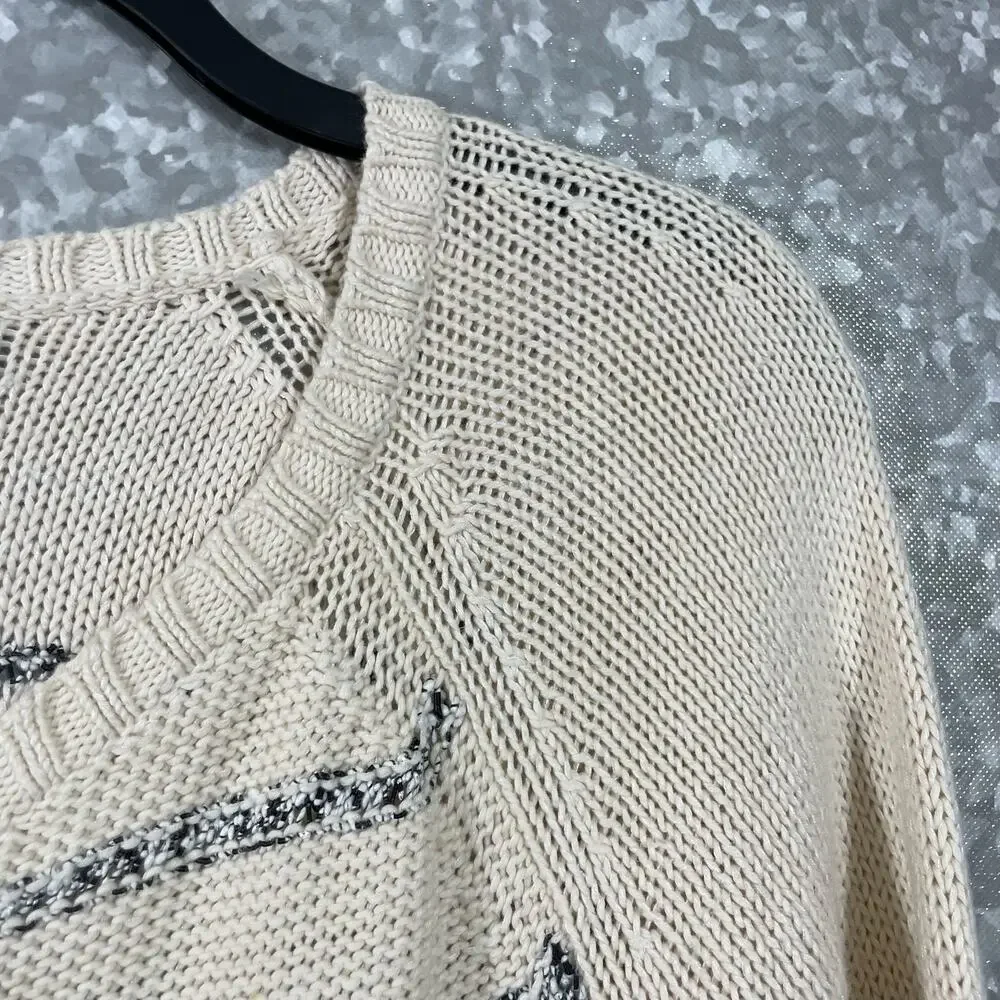 Trouve Ivory Striped Faux Leather Trim Zip Up Cardigan - Size Small - Sweater